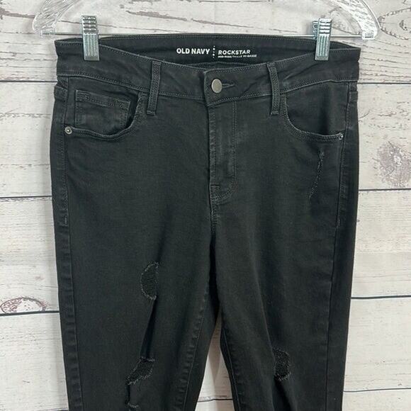 Old Navy Jeans Womens 6 Black Rockstar Tall Skinny Distressed Stretch Midrise - Picture 2 of 9